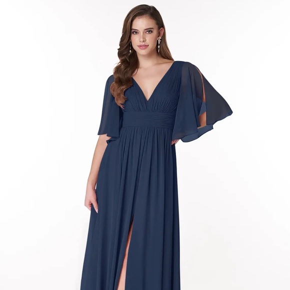 New Azazie “Temeka” Dark Navy Floor Length Bridesmaids Dress - Picture 1 of 12